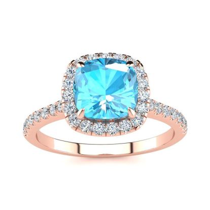 2 Carat Cushion Cut Blue Topaz and Halo Diamond Ring In 14K Rose Gold