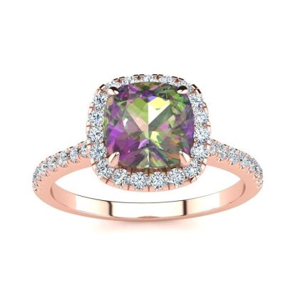 2 Carat Cushion Shape Mystic Topaz Ring With Diamond Halo In 14 Karat Rose Gold