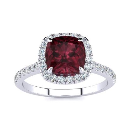 Garnet Ring: Garnet Jewelry: 2 Carat Cushion Cut Garnet and Halo Diamond Ring In 14K White Gold
