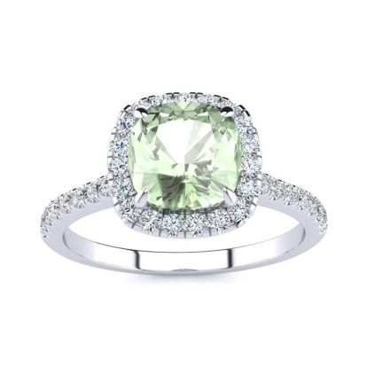 1 3/4 Carat Cushion Cut Green Amethyst and Halo Diamond Ring In 14K White Gold