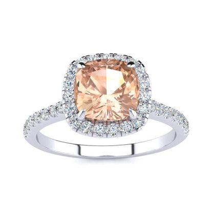 2 Carat Cushion Cut Morganite and Halo Diamond Ring In 14K White Gold