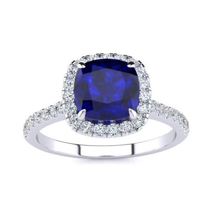 2 Carat Cushion Cut Sapphire and Halo Diamond Ring In 14K White Gold