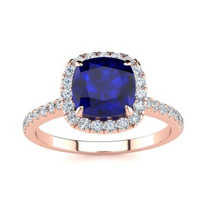 2 Carat Cushion Cut Sapphire and Halo Diamond Ring In 14K Rose Gold