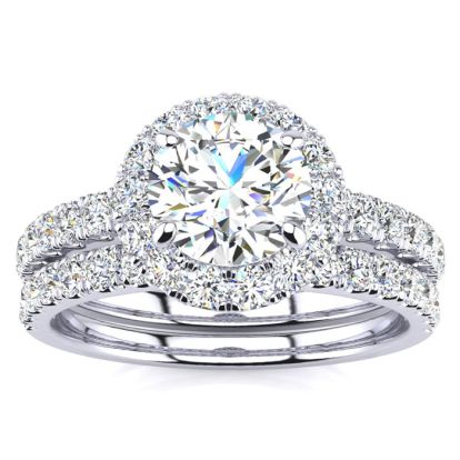 2 Carat Round Floating Halo Diamond Bridal Set in 14k White Gold