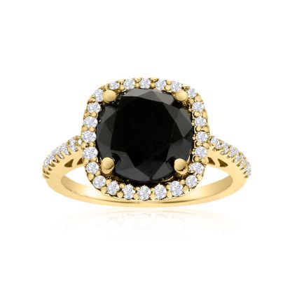 4 1/2 Carat Cushion Cut Black and White Diamond Halo Ring in 14 Karat Yellow Gold