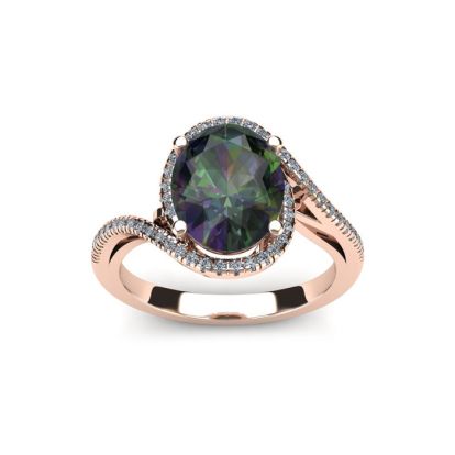 1 Carat Oval Shape Mystic Topaz Ring With Swirling Diamond Halo In 14 Karat Rose Gold