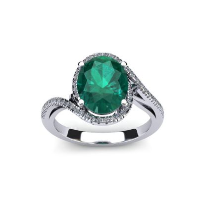 1 Carat Oval Shape Emerald and Halo Diamond Ring In 14 Karat White Gold