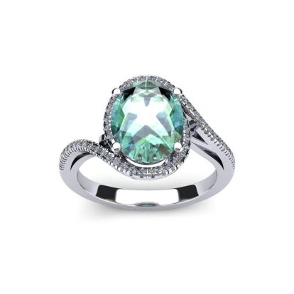 1 Carat Oval Shape Green Amethyst and Halo Diamond Ring In 14 Karat White Gold