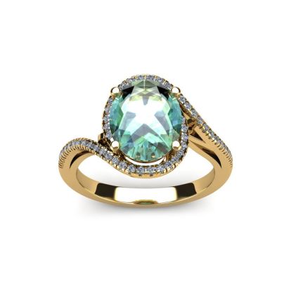1 Carat Oval Shape Green Amethyst and Halo Diamond Ring In 14 Karat Yellow Gold