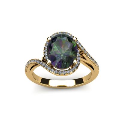 1-1/3 Carat Oval Shape Mystic Topaz Ring With Swirling Diamond Halo In 14 Karat Yellow Gold
