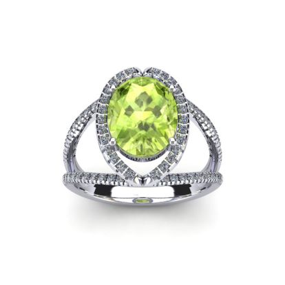 1 3/4 Carat Oval Shape Peridot and Halo Diamond Ring In 14 Karat White Gold