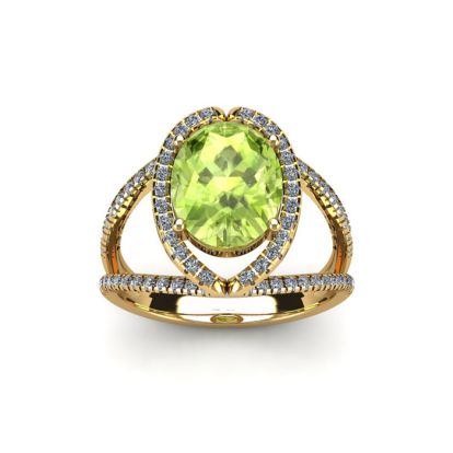 1 3/4 Carat Oval Shape Peridot and Halo Diamond Ring In 14 Karat Yellow Gold
