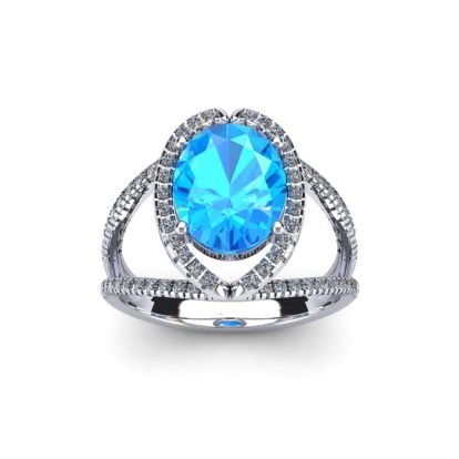 2 Carat Oval Shape Blue Topaz and Halo Diamond Ring In 14 Karat White Gold