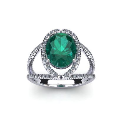 1 1/2 Carat Oval Shape Emerald and Halo Diamond Ring In 14 Karat White Gold
