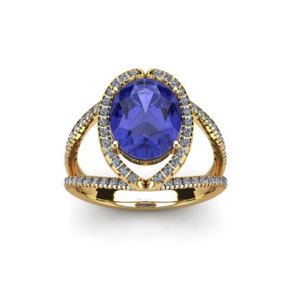 1 3/4 Carat Oval Shape Tanzanite and Halo Diamond Ring In 14 Karat Yellow Gold

