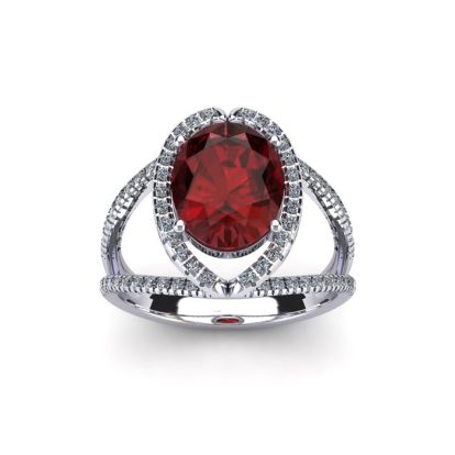 Garnet Ring: Garnet Jewelry: 2 Carat Oval Shape Garnet and Halo Diamond Ring In 14 Karat White Gold
