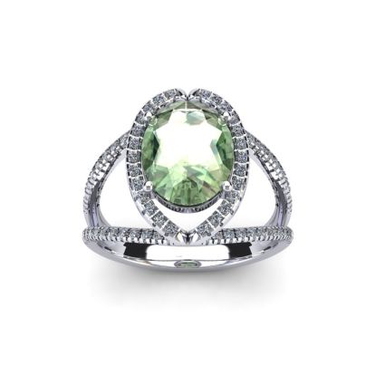 1 1/2 Carat Oval Shape Green Amethyst and Halo Diamond Ring In 14 Karat White Gold
