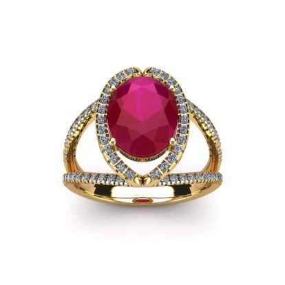 2 Carat Oval Shape Ruby and Halo Diamond Ring In 14 Karat Yellow Gold