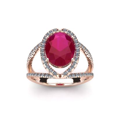 2 Carat Oval Shape Ruby and Halo Diamond Ring In 14 Karat Rose Gold