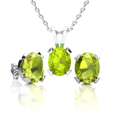 3 Carat Oval Shape Peridot Necklace and Earring Set In Sterling Silver