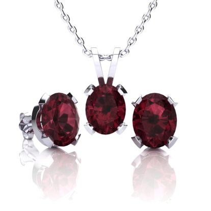 Garnet Necklace: Garnet Jewelry: 3 Carat Oval Shape Garnet Necklace and Earring Set In Sterling Silver
