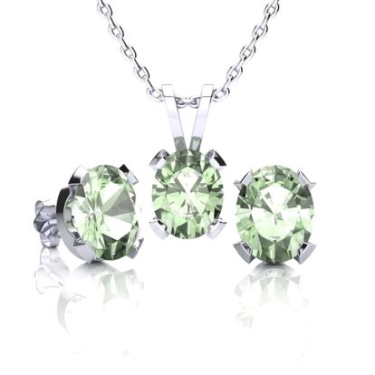 3 Carat Oval Shape Green Amethyst Necklace and Earring Set In Sterling Silver