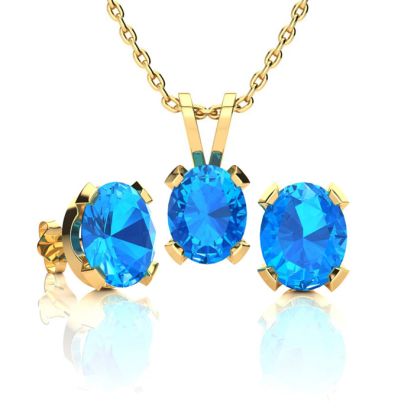 3 Carat Oval Shape Blue Topaz Necklace and Earring Set In 14K Yellow Gold Over Sterling Silver