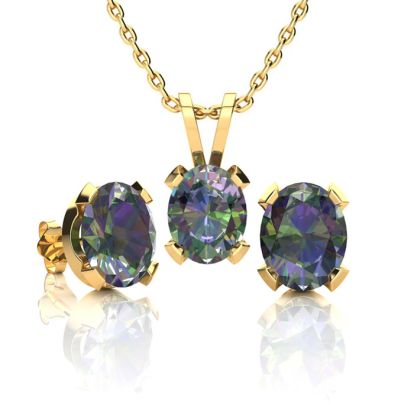 3 Carat Oval Shape Mystic Topaz Necklace and Earring Set In 14 Karat Yellow Gold Over Sterling Silver, 18 Inches