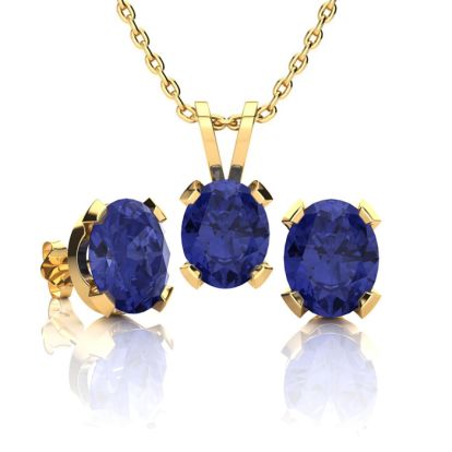 3 Carat Oval Shape Tanzanite Necklace and Earring Set In 14K Yellow Gold Over Sterling Silver