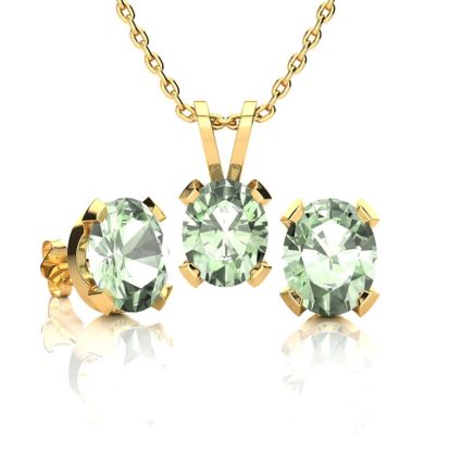 3 Carat Oval Shape Green Amethyst Necklace and Earring Set In 14K Yellow Gold Over Sterling Silver