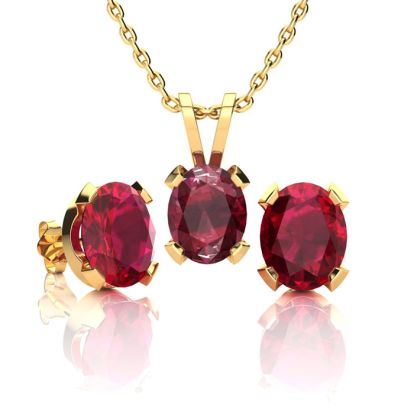 3 Carat Oval Shape Ruby Necklace and Earring Set In 14K Yellow Gold Over Sterling Silver

