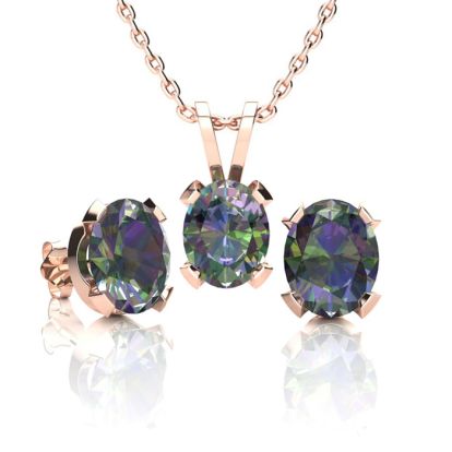 3 Carat Oval Shape Mystic Topaz Necklace and Earring Set In 14 Karat Rose Gold Over Sterling Silver, 18 Inches