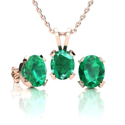 3 Carat Oval Shape Emerald Necklaces and Earring Set In 14 Karat Rose Gold Over Sterling Silver, 18 Inch Chain