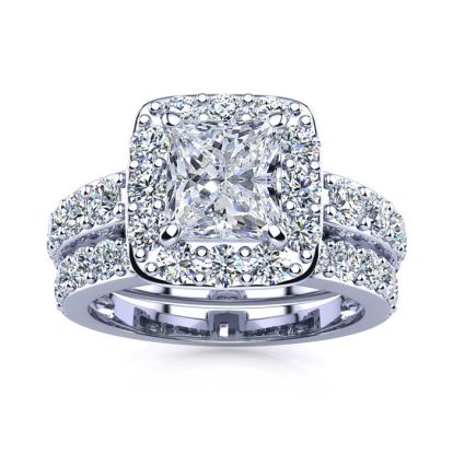 3 1/4 Carat Princess Shape Halo Diamond Bridal Set in 14k White Gold