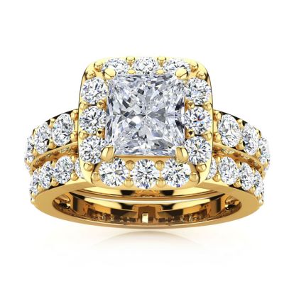 4 1/4 Carat Princess Halo Diamond Bridal Set in 14k Yellow Gold