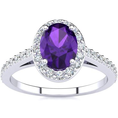 1 Carat Oval Shape Amethyst and Halo Diamond Ring In 14 Karat White Gold