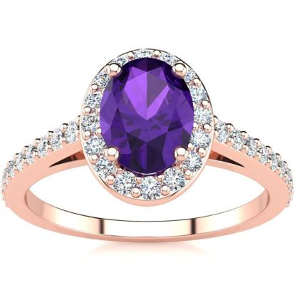 1 Carat Oval Shape Amethyst and Halo Diamond Ring In 14 Karat Rose Gold