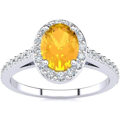1 Carat Oval Shape Citrine and Halo Diamond Ring In 14 Karat White Gold
