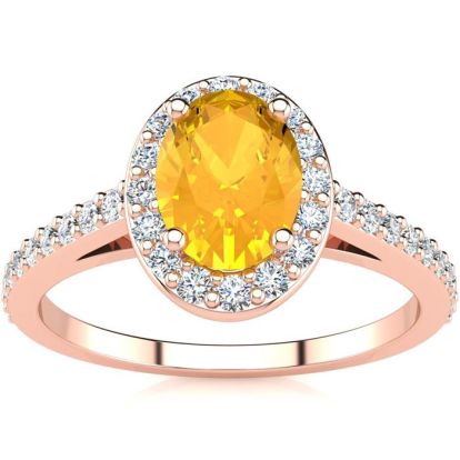 1 Carat Oval Shape Citrine and Halo Diamond Ring In 14 Karat Rose Gold