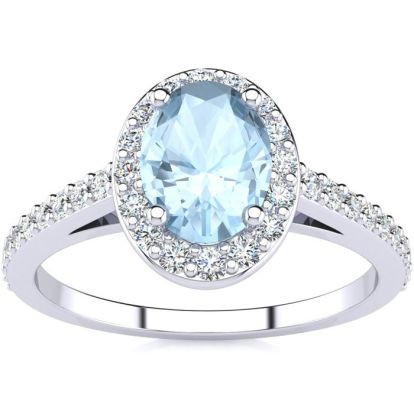 Aquamarine Ring: Aquamarine Jewelry: 1 Carat Oval Shape Aquamarine and Halo Diamond Ring In 14 Karat White Gold