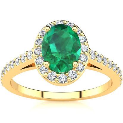 1 Carat Oval Shape Emerald and Halo Diamond Ring In 14 Karat Yellow Gold