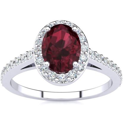 Garnet Ring: Garnet Jewelry: 1 1/3 Carat Oval Shape Garnet and Halo Diamond Ring In 14 Karat White Gold