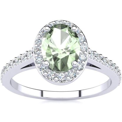 1 Carat Oval Shape Green Amethyst and Halo Diamond Ring In 14 Karat White Gold