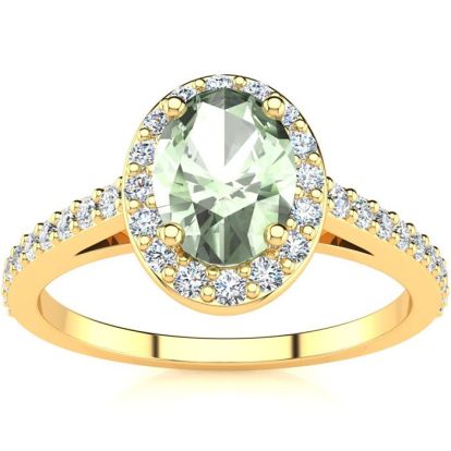 1 Carat Oval Shape Green Amethyst and Halo Diamond Ring In 14 Karat Yellow Gold