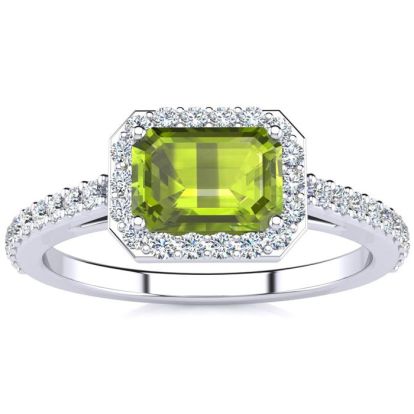 1 1/2 Carat Peridot and Halo Diamond Ring In 14 Karat White Gold