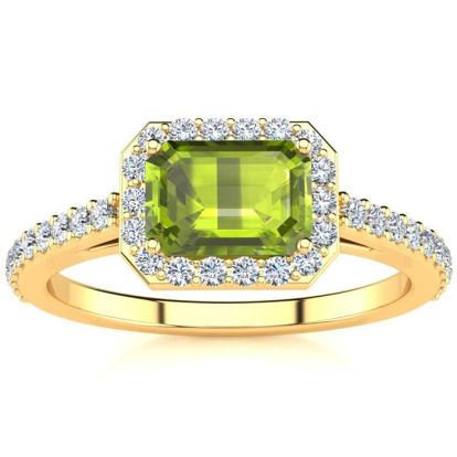 1 1/2 Carat Peridot and Halo Diamond Ring In 14 Karat Yellow Gold
