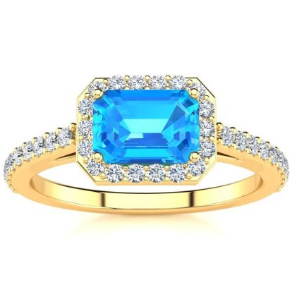 1 1/2 Carat Blue Topaz and Halo Diamond Ring In 14 Karat Yellow Gold