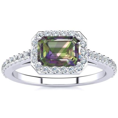 1-1/4 Carat Octagon Shape Mystic Topaz Ring With Diamond Halo In 14 Karat White Gold