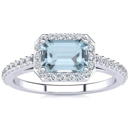 Aquamarine Ring: Aquamarine Jewelry: 1 1/4 Carat Aquamarine and Halo Diamond Ring In 14 Karat White Gold