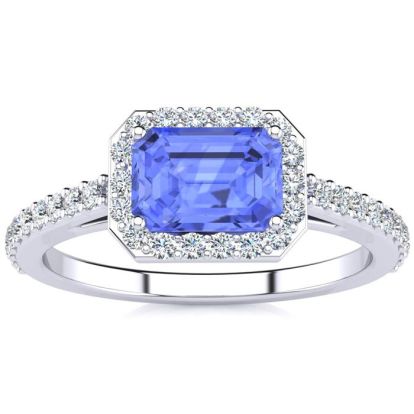 1 1/2 Carat Tanzanite and Halo Diamond Ring In 14 Karat White Gold